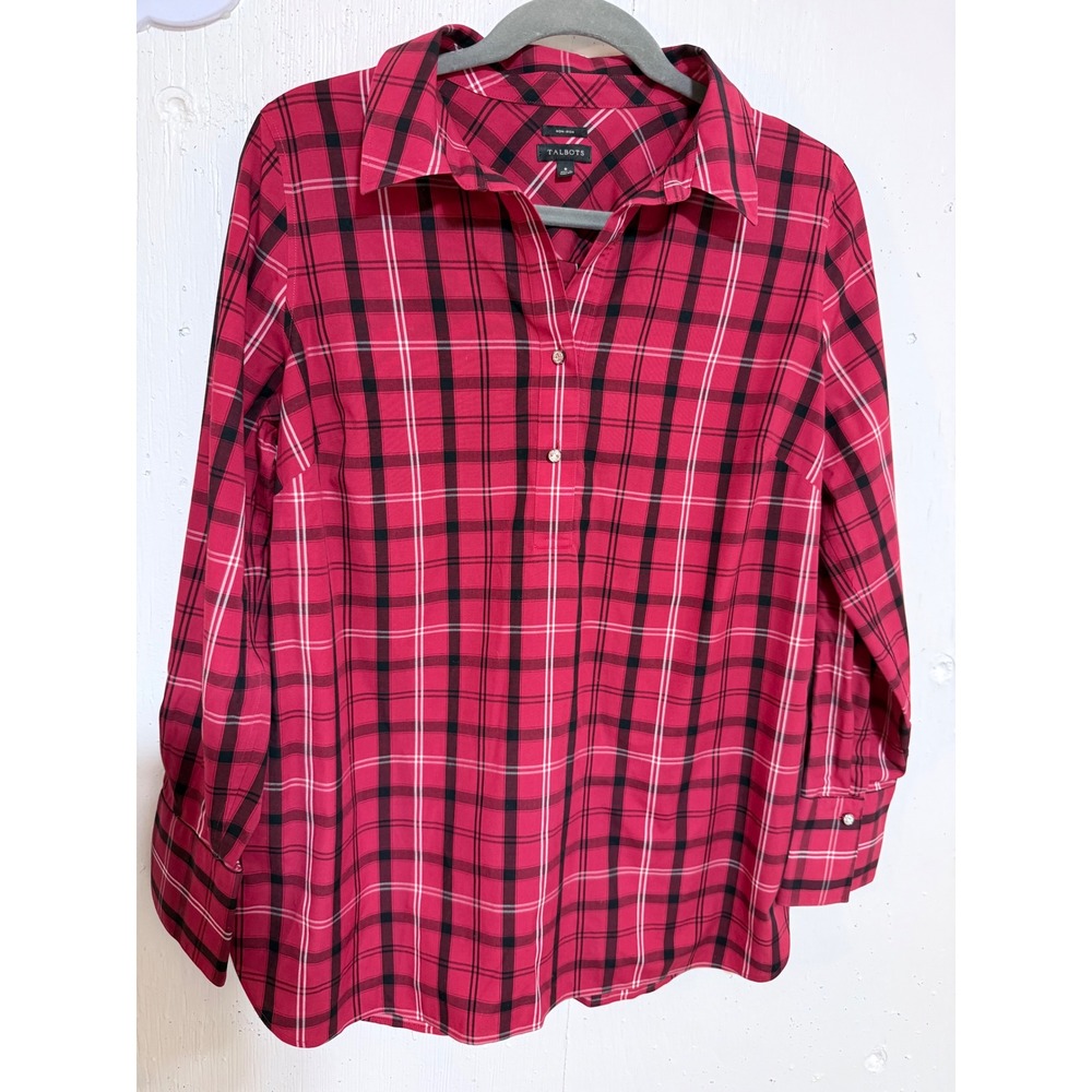 Talbots Womens Red Black Plaid Non-Iron Button Front Long Sleeve Shirt Size 8